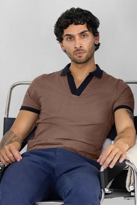 Brown Contrast V-Neck Collar Cotton Polo Shirt