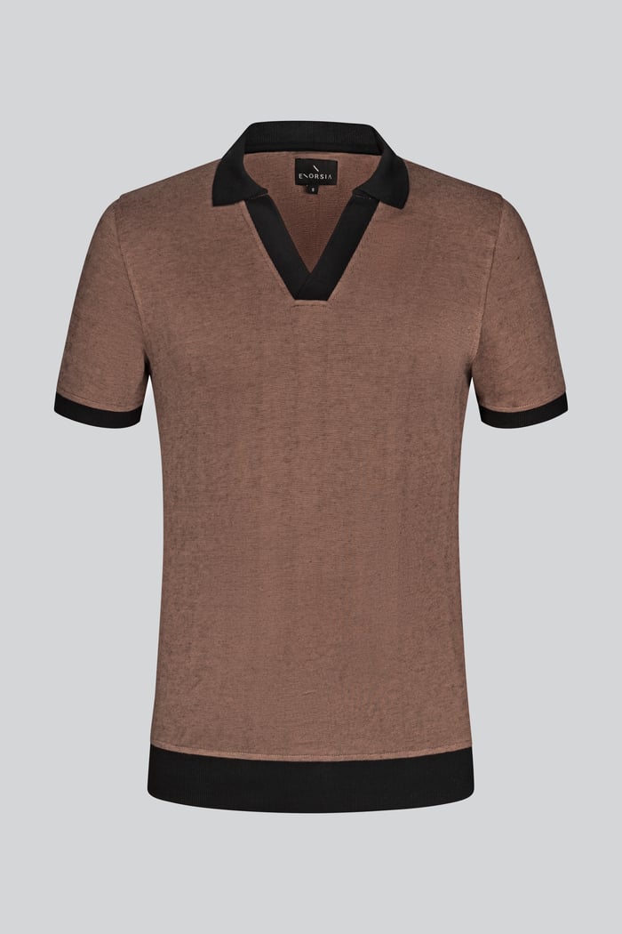 Contrast V-Neck Collar Cotton Polo Shirt