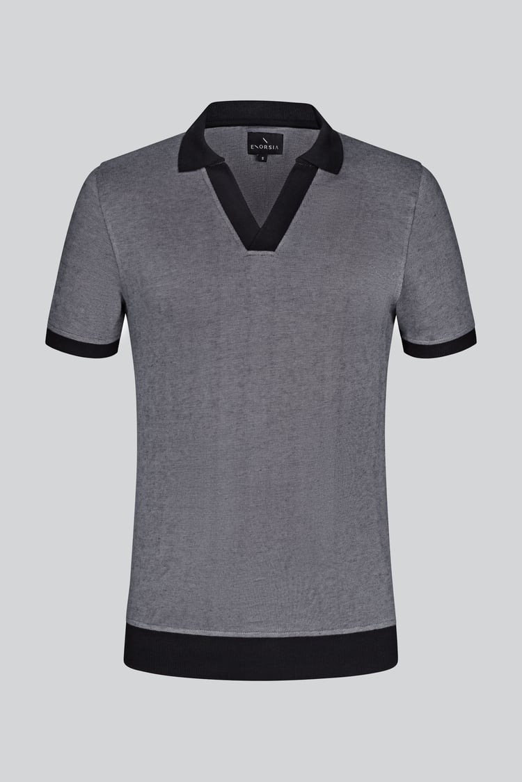 Contrast V-Neck Collar Cotton Polo Shirt