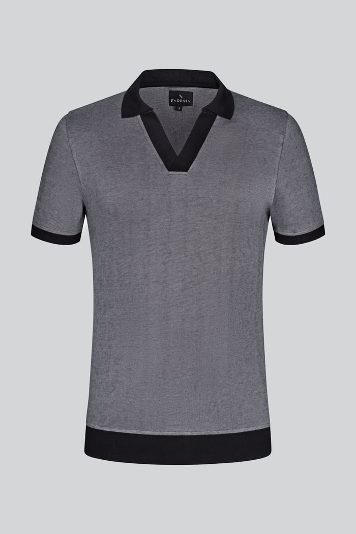 Contrast V-Neck Collar Cotton Polo Shirt