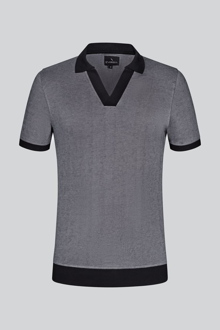 Contrast V-Neck Collar Cotton Polo Shirt
