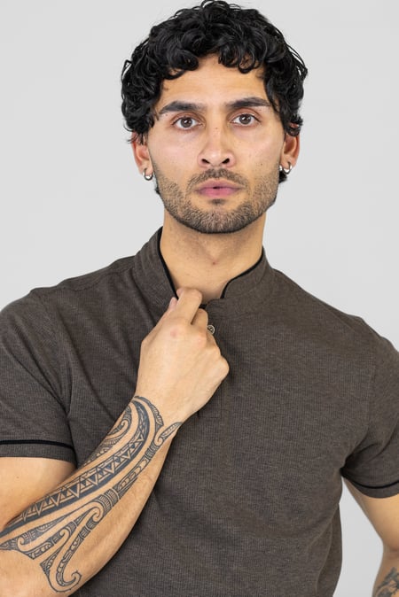 Brown Band Collar Interlock Polo Shirt