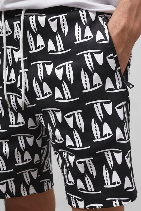 Black Printed Shorts With Zip Pocket