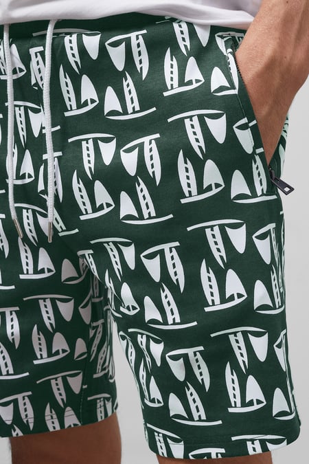 Green Printed Shorts With Zip Pocket