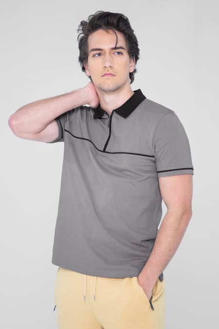 Grey Contrast Collar Zip-Up Polo Shirt