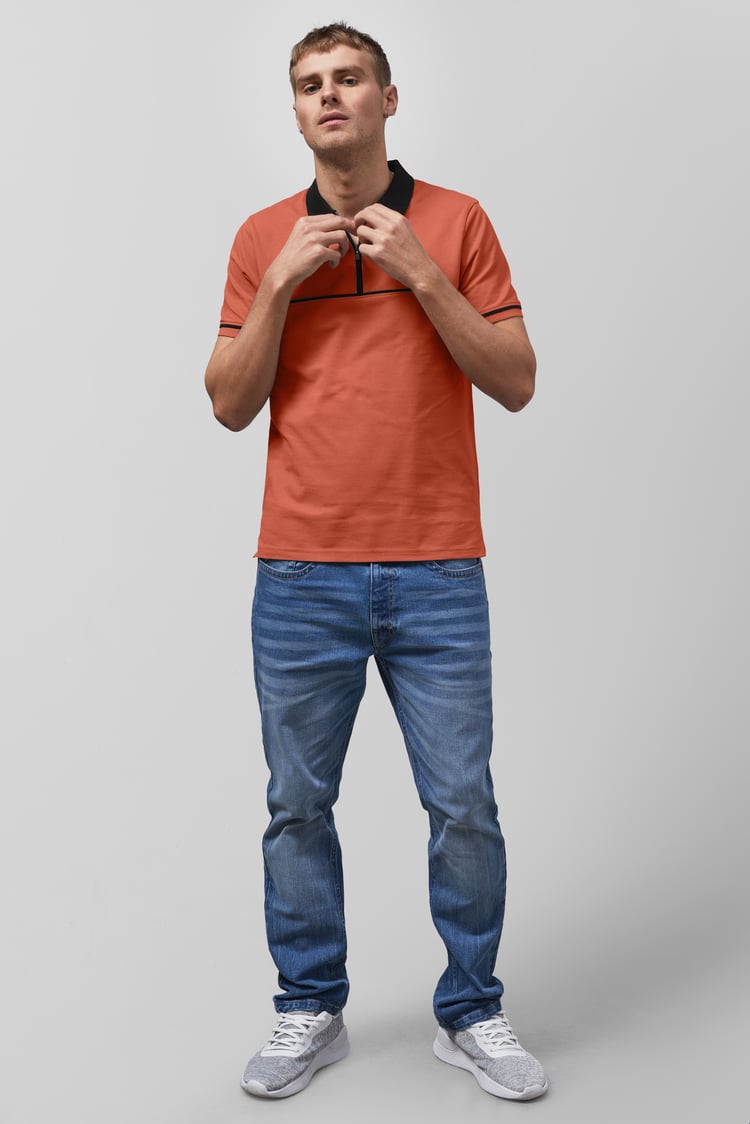 Contrast Collar Zip-Up Polo Shirt