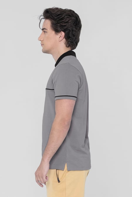 Grey Contrast Collar Zip-Up Polo Shirt