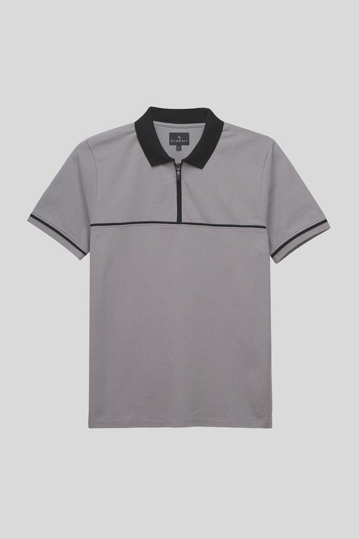 Contrast Collar Zip-Up Polo Shirt