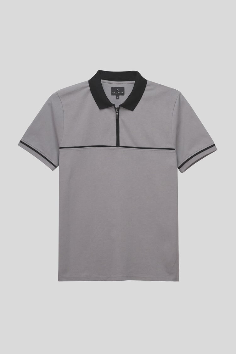 Contrast Collar Zip-Up Polo Shirt