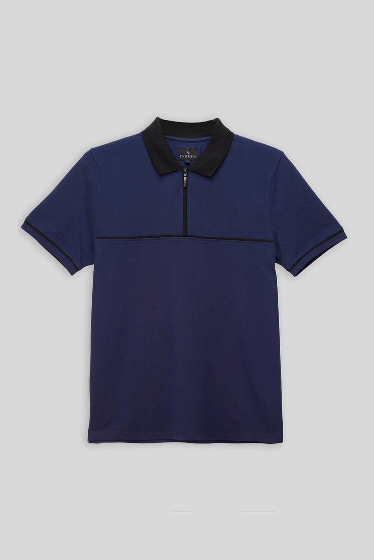 Contrast Collar Zip-Up Polo Shirt