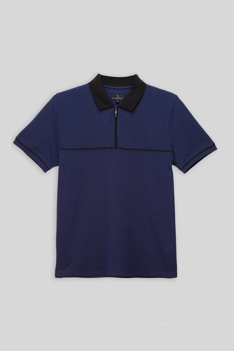 Contrast Collar Zip-Up Polo Shirt