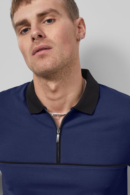 Blue Contrast Collar Zip-Up Polo Shirt