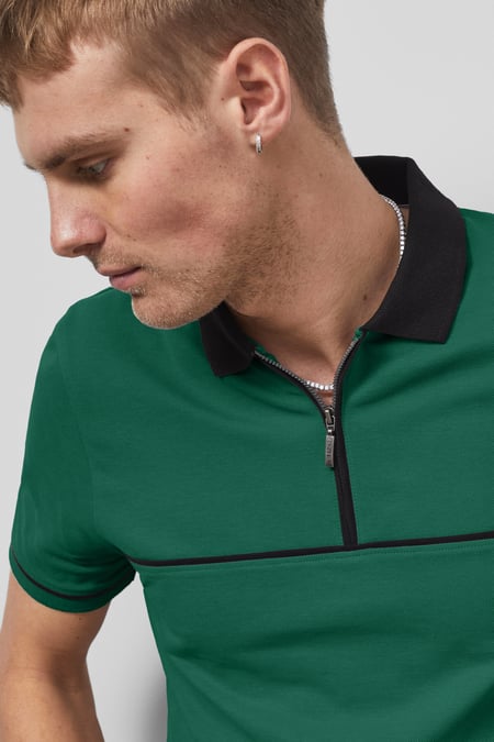 Green Contrast Collar Zip-Up Polo Shirt
