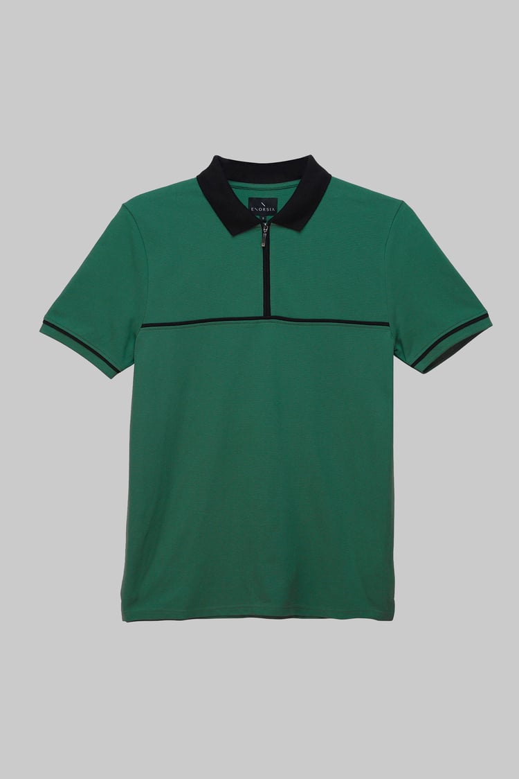 Contrast Collar Zip-Up Polo Shirt