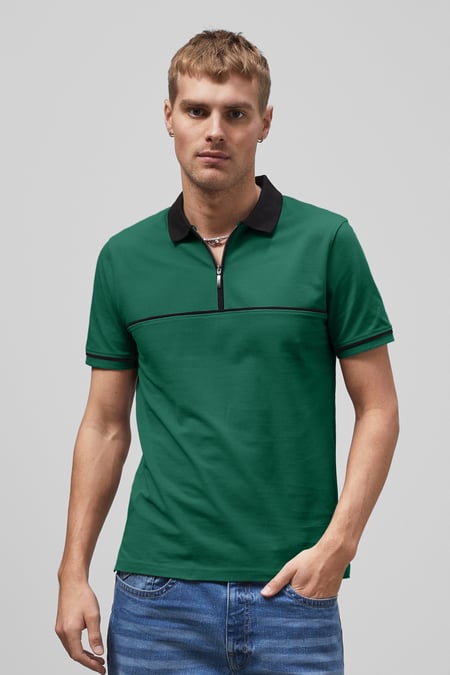 Grey Contrast Collar Zip-Up Polo Shirt