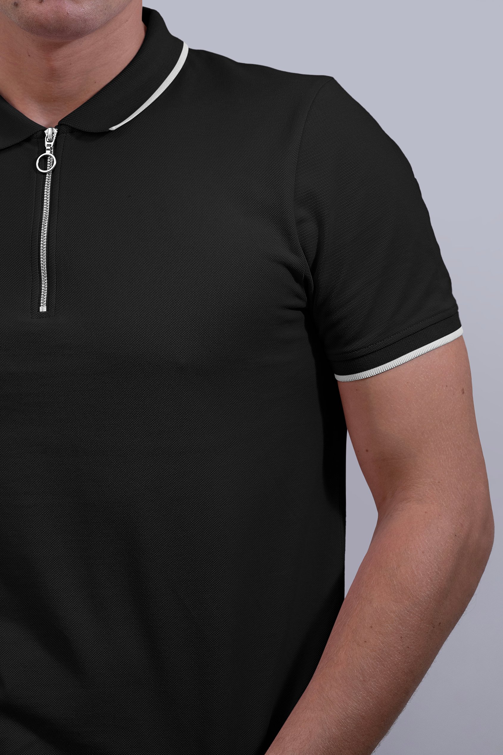 Tipped Collar Short Sleeves Zip Polo Shirt
