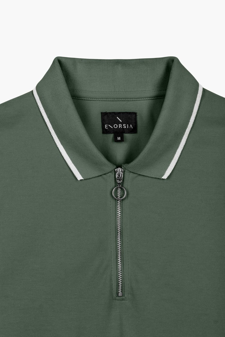Tipped Collar Short Sleeves Zip Polo Shirt