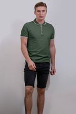 Tipped Collar Short Sleeves Zip Polo Shirt
