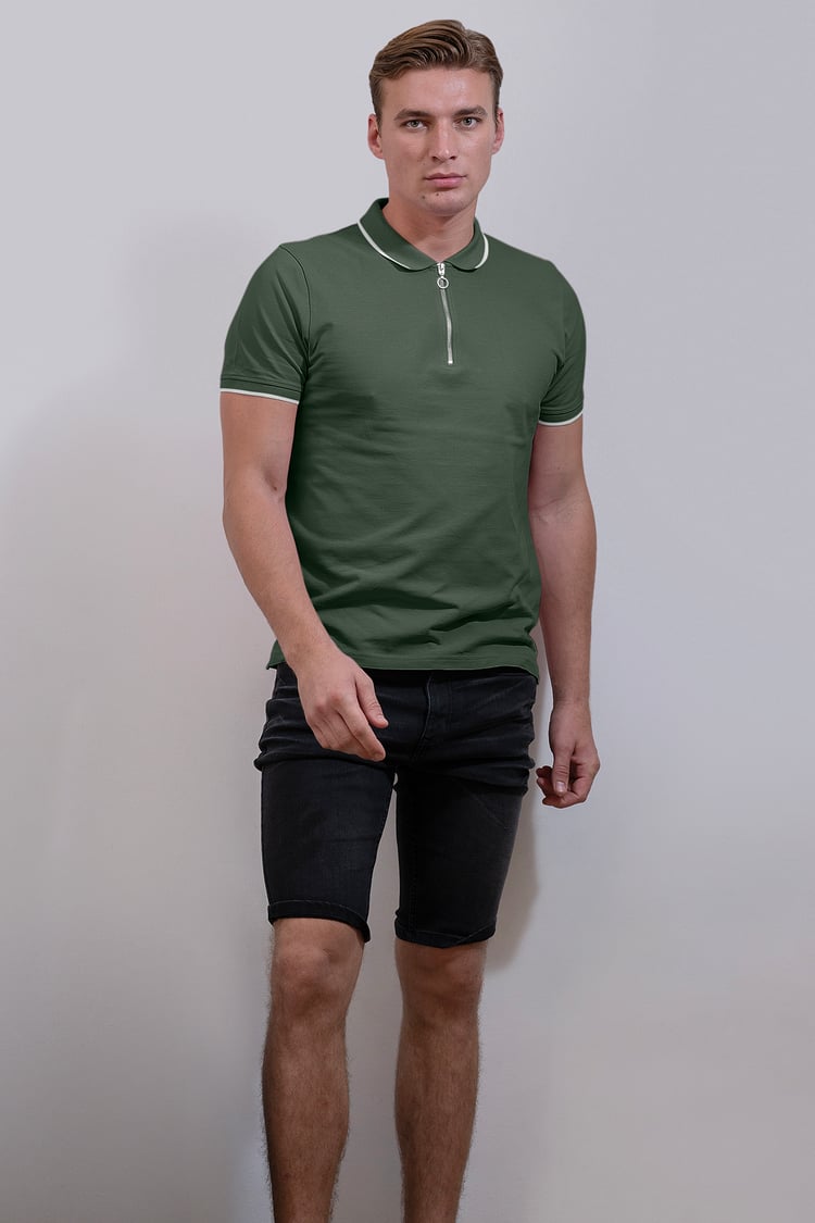 Tipped Collar Short Sleeves Zip Polo Shirt
