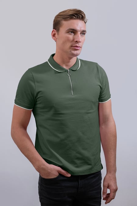 Blue Tipped Collar Short Sleeves Zip Polo Shirt
