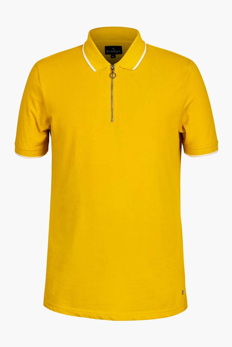 Tipped Collar Short Sleeves Zip Polo Shirt