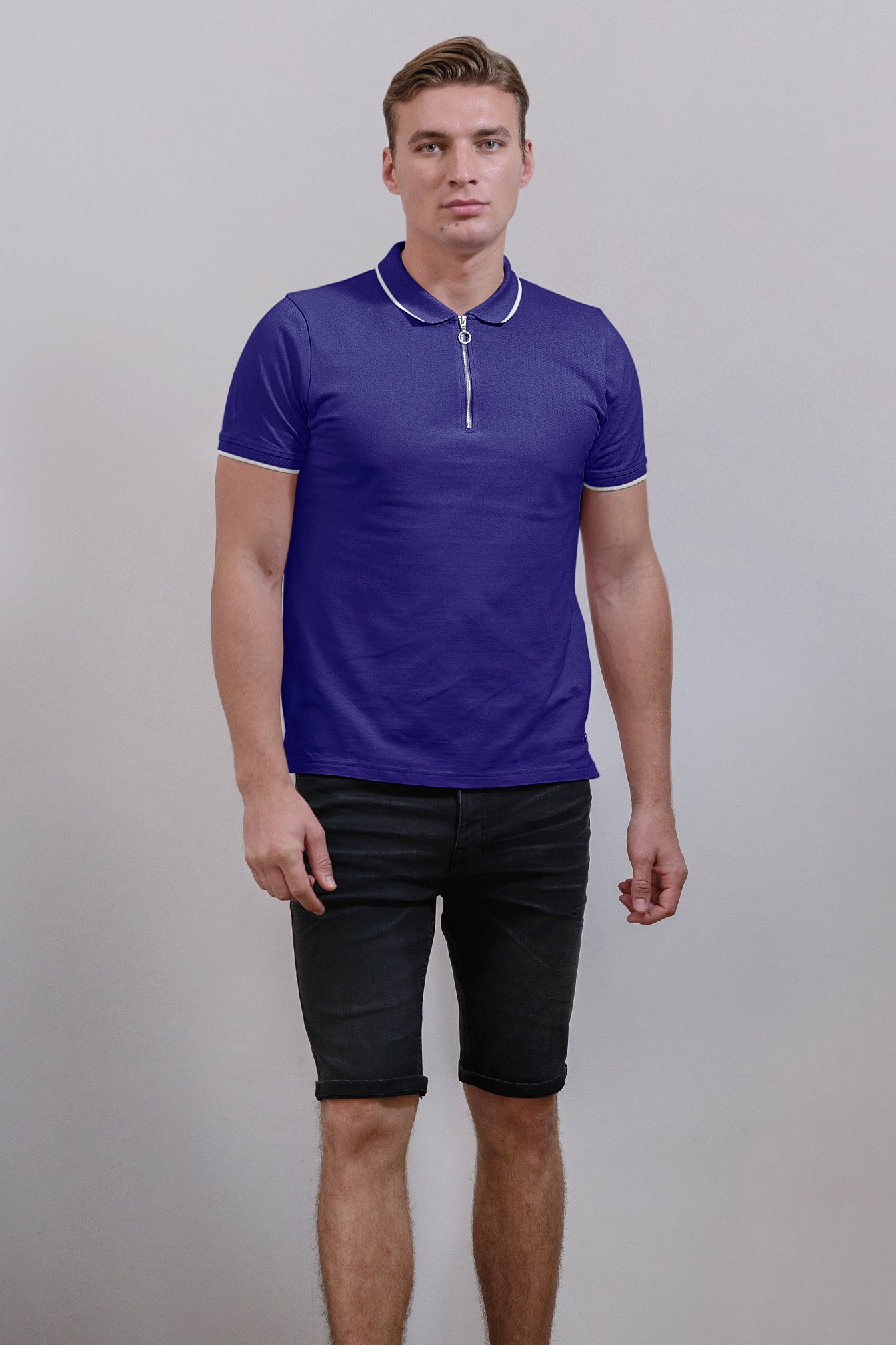 Tipped Collar Short Sleeves Zip Polo Shirt