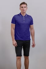 Tipped Collar Short Sleeves Zip Polo Shirt