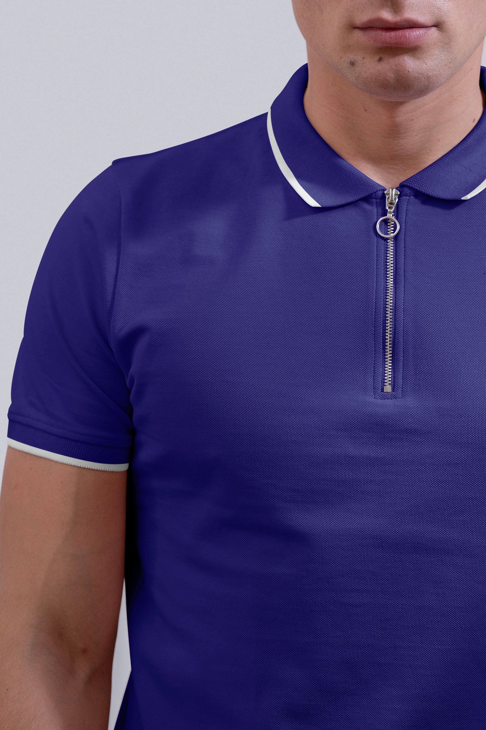 Tipped Collar Short Sleeves Zip Polo Shirt