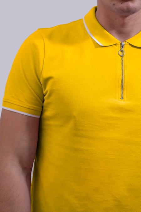 Yellow Tipped Collar Short Sleeves Zip Polo Shirt
