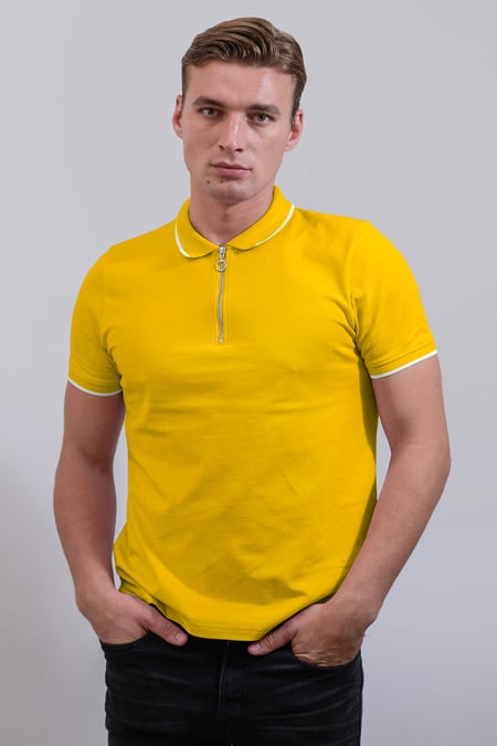 Blue Tipped Collar Short Sleeves Zip Polo Shirt