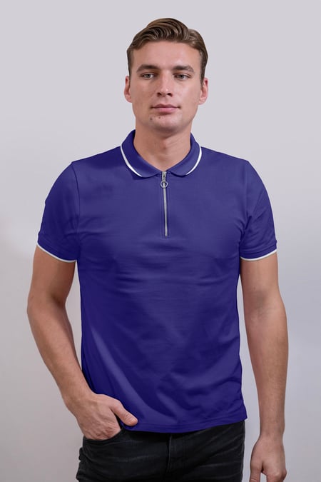 Blue Tipped Collar Short Sleeves Zip Polo Shirt