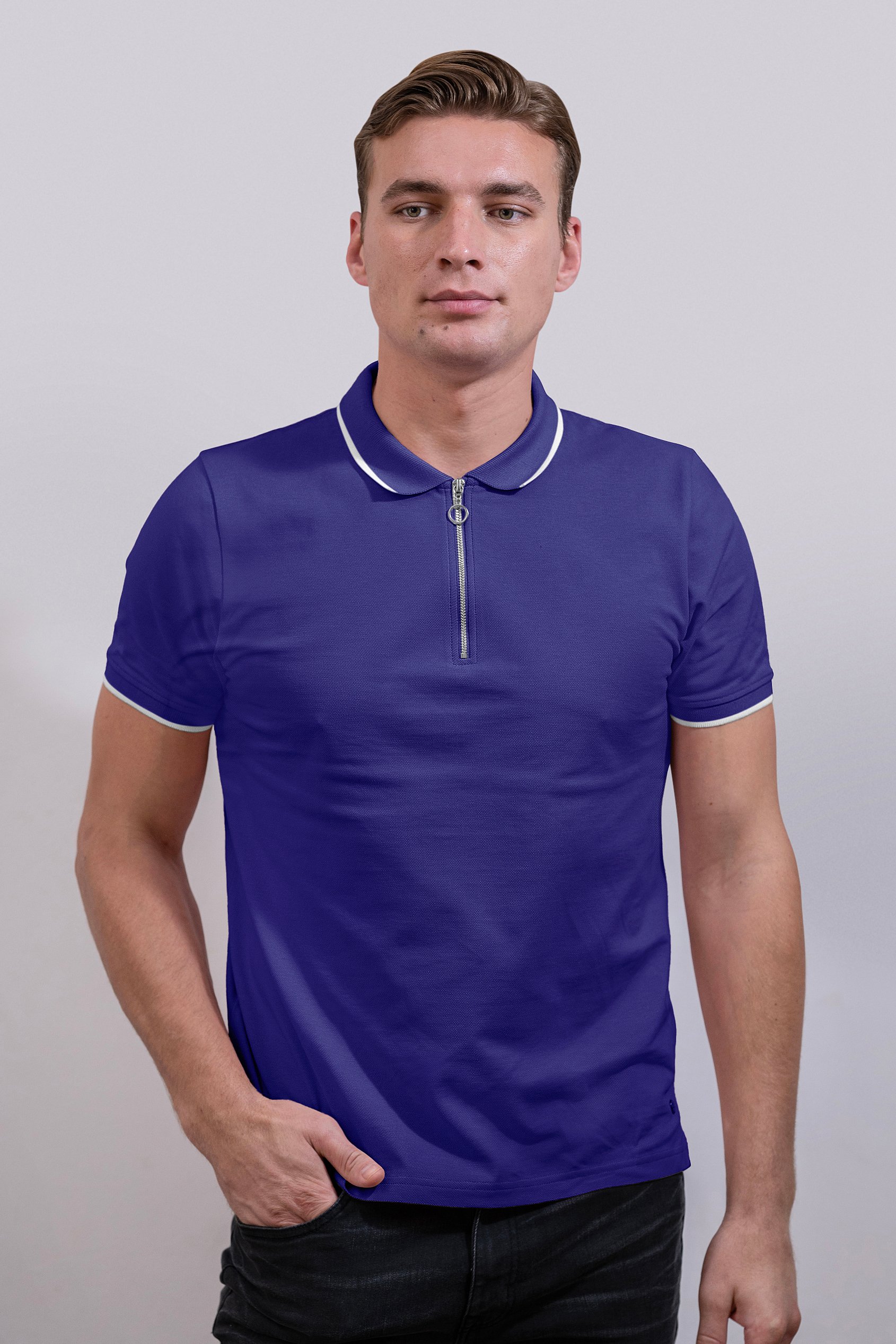 Tipped Collar Short Sleeves Zip Polo Shirt