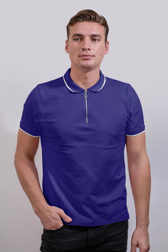 Tipped Collar Short Sleeves Zip Polo Shirt