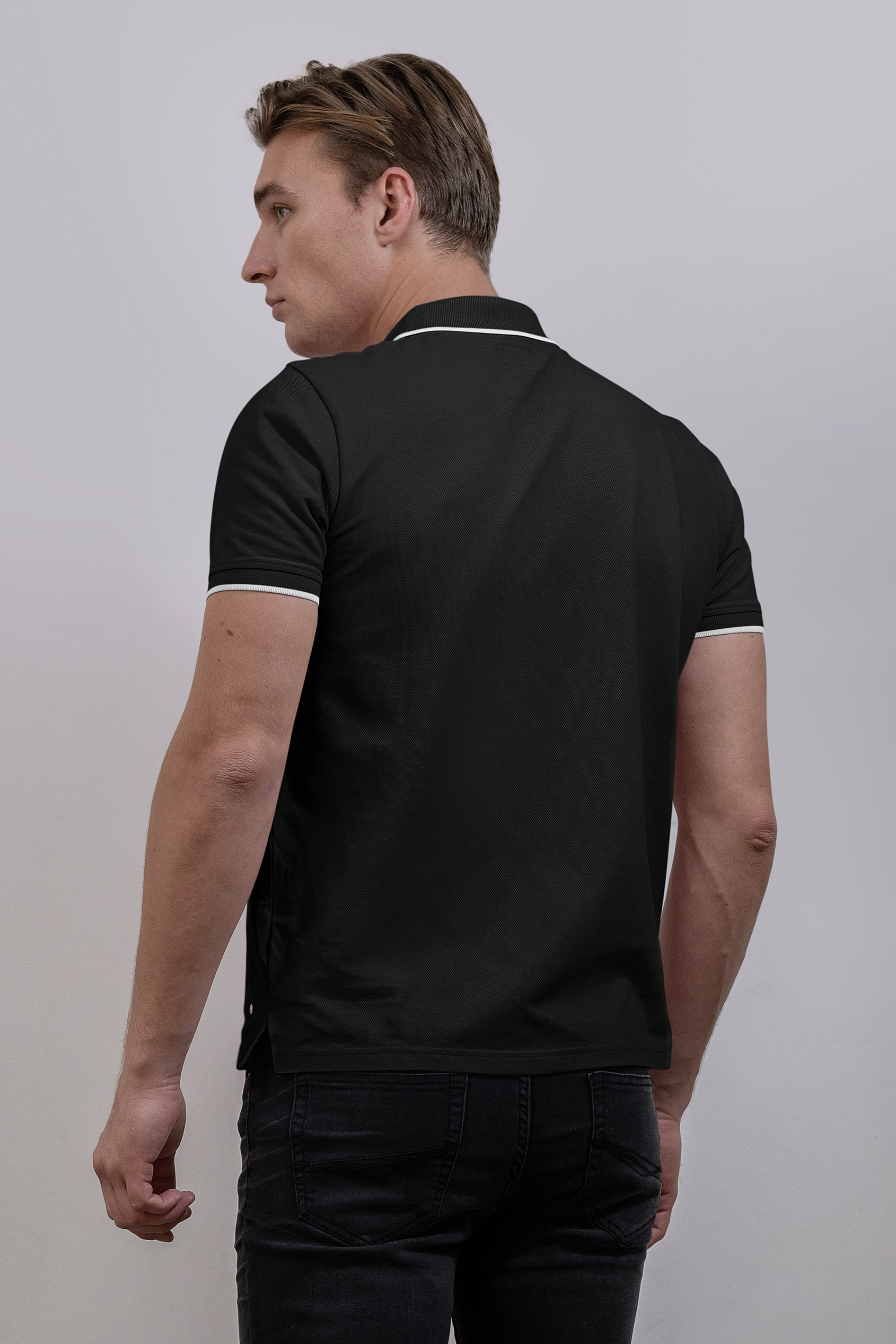 Tipped Collar Short Sleeves Zip Polo Shirt