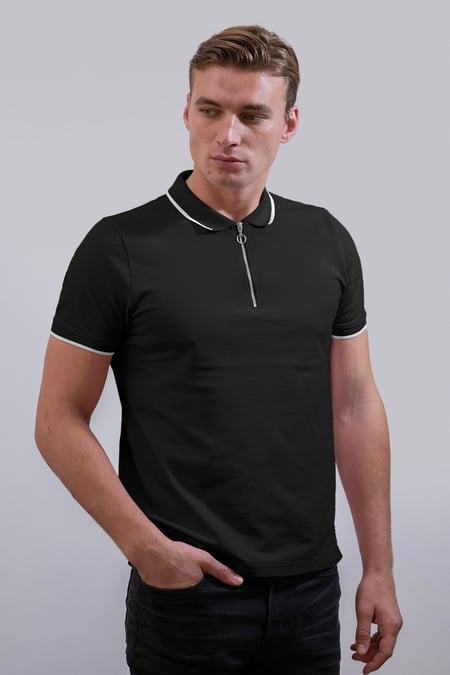 Blue Tipped Collar Short Sleeves Zip Polo Shirt