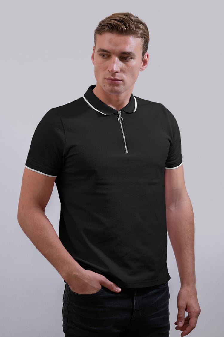 Tipped Collar Short Sleeves Zip Polo Shirt