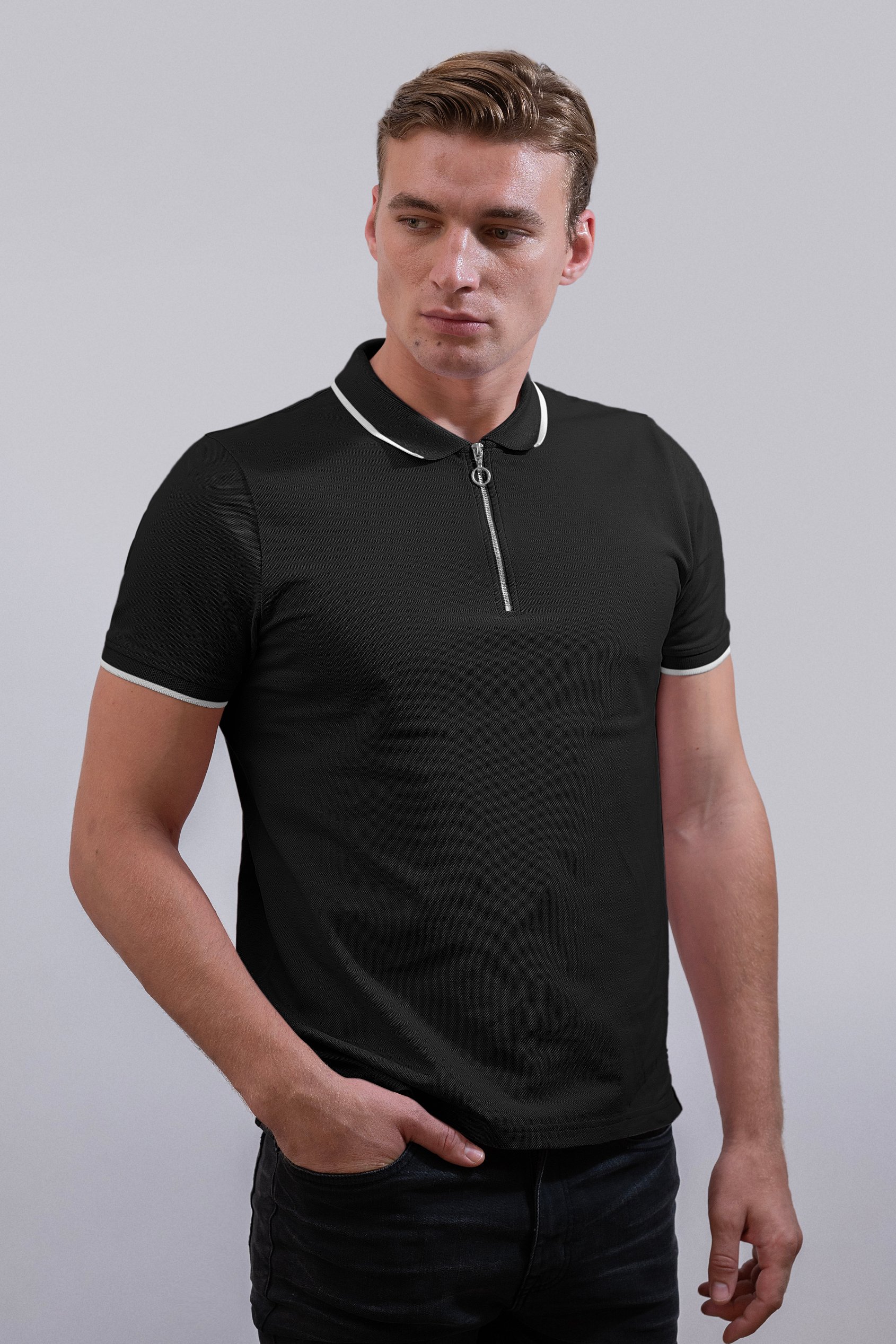 Tipped Collar Short Sleeves Zip Polo Shirt