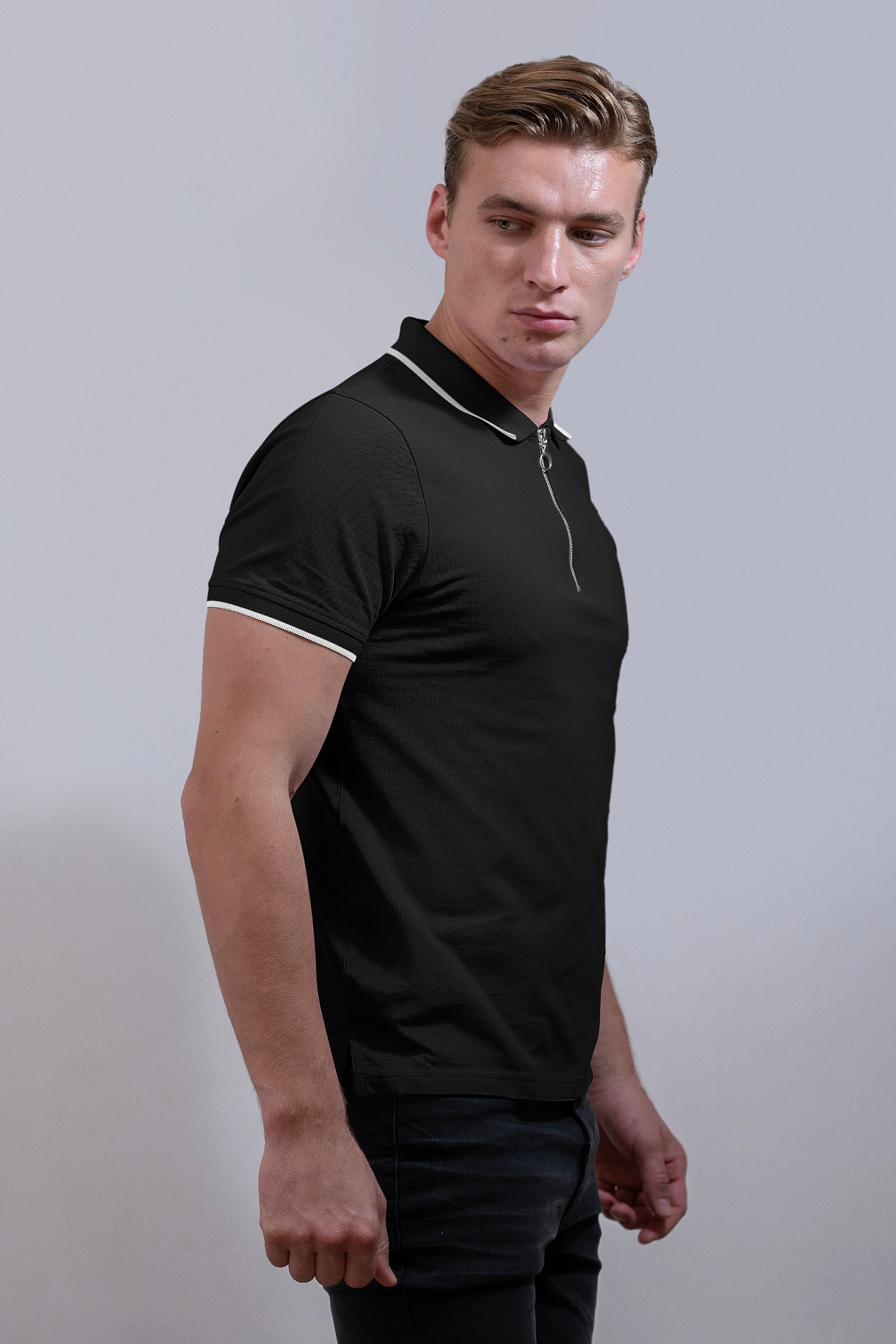 Tipped Collar Short Sleeves Zip Polo Shirt