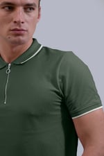 Tipped Collar Short Sleeves Zip Polo Shirt
