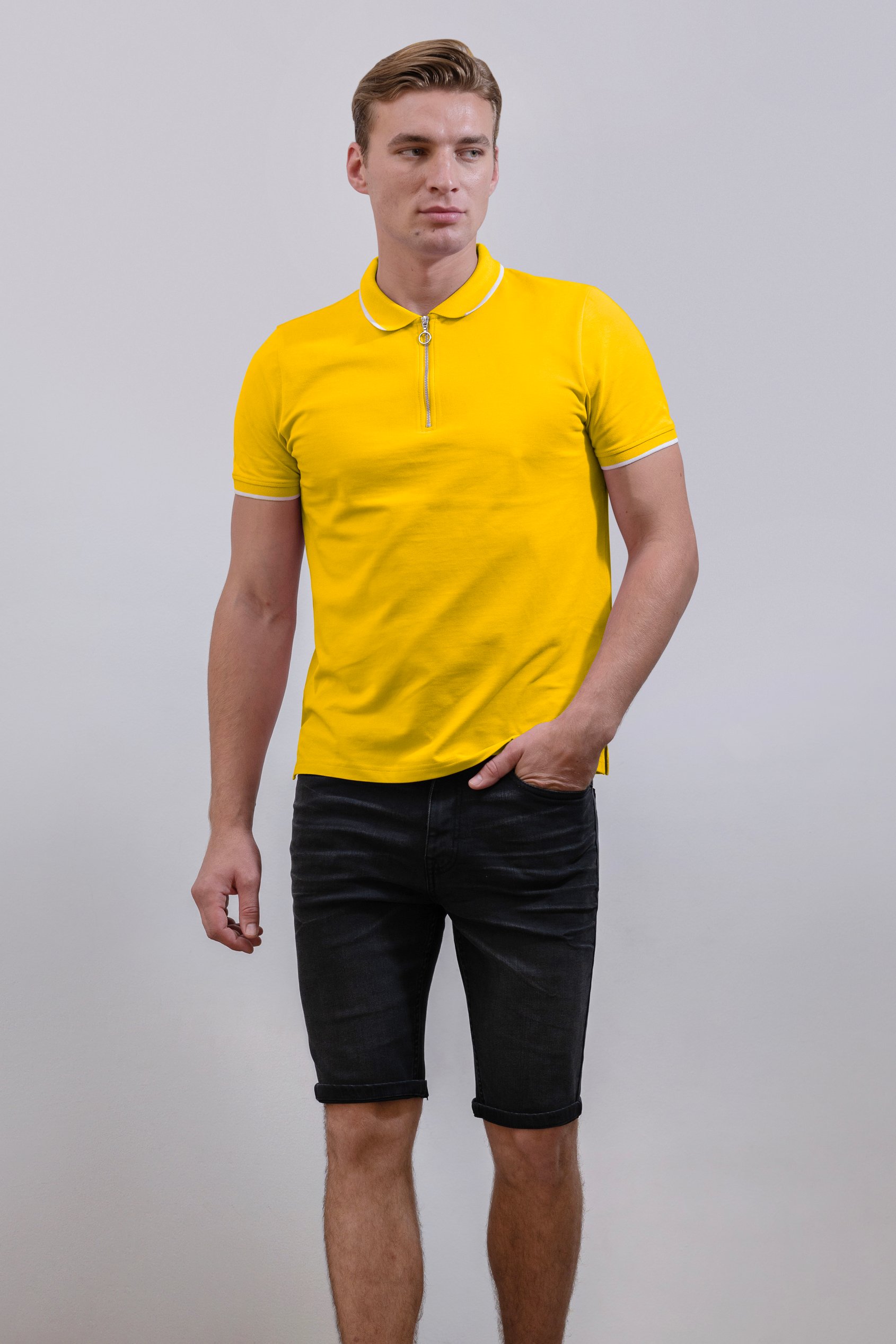 Tipped Collar Short Sleeves Zip Polo Shirt