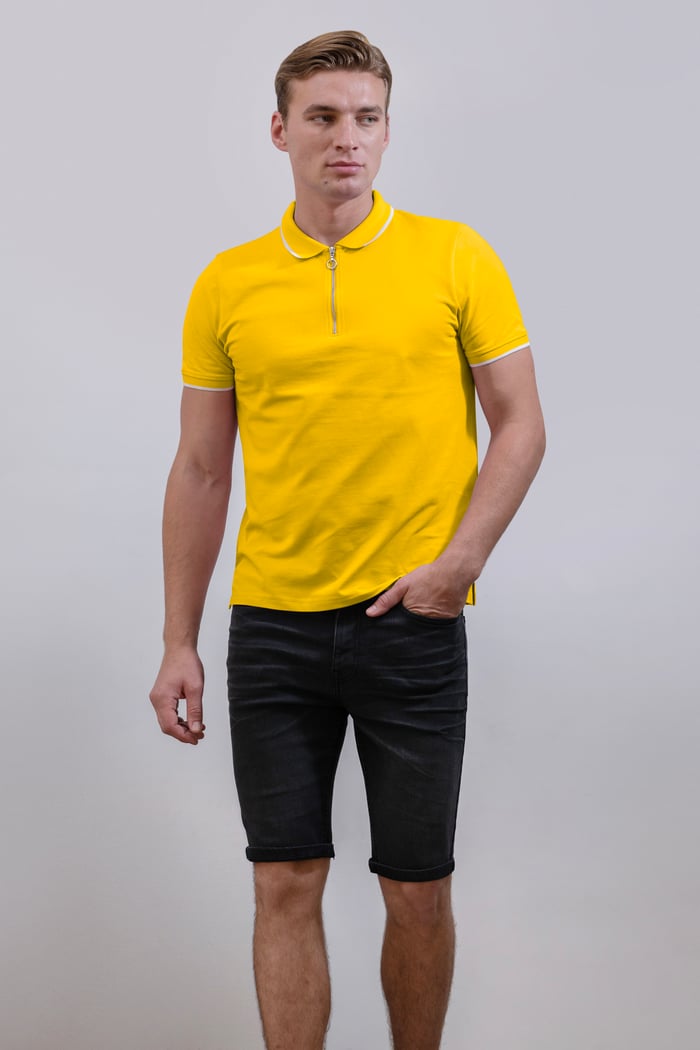 Tipped Collar Short Sleeves Zip Polo Shirt