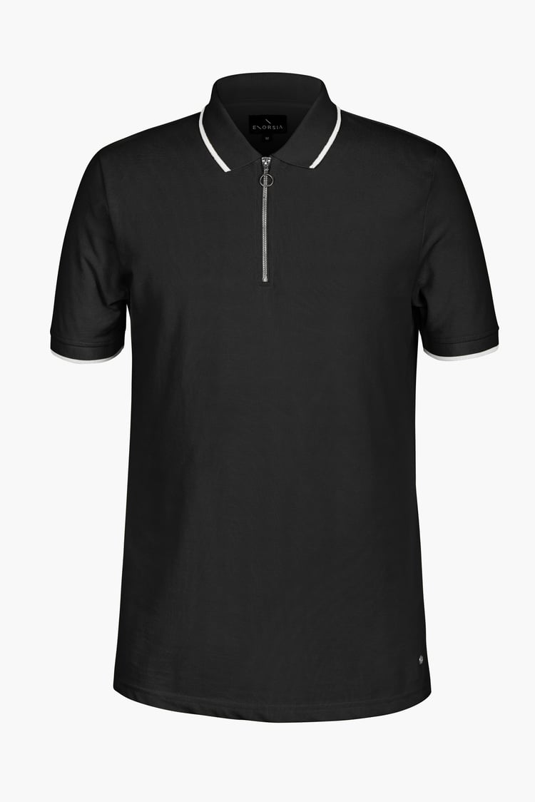 Tipped Collar Short Sleeves Zip Polo Shirt