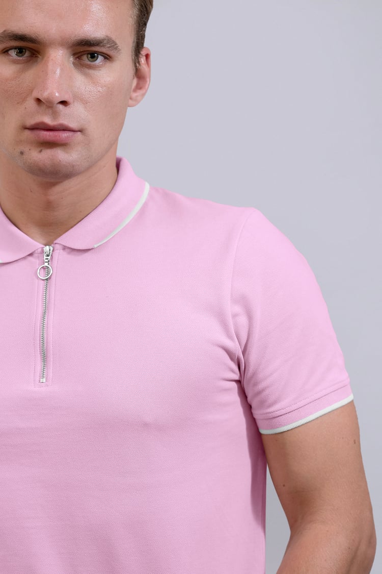 Tipped Collar Short Sleeves Zip Polo Shirt