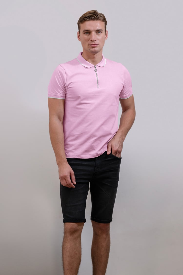 Tipped Collar Short Sleeves Zip Polo Shirt