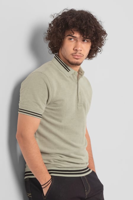 Blue Design Pique Polo With Rib Detailing