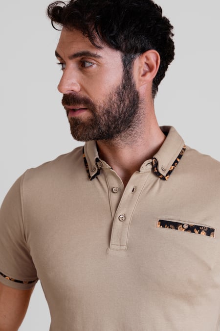Beige Contrast Double layer collar  Short Sleeves Polo Shirt