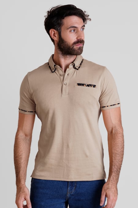 Beige Contrast Double layer collar  Short Sleeves Polo Shirt