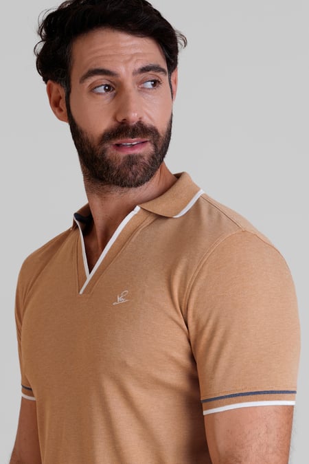 Beige V-Neck Classic Polo Shirt