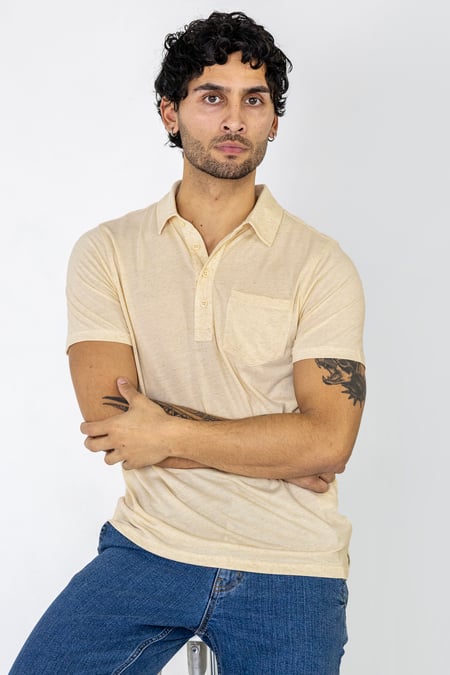 Beige Linen Blended Solid Short Sleeve Polo Shirt's
