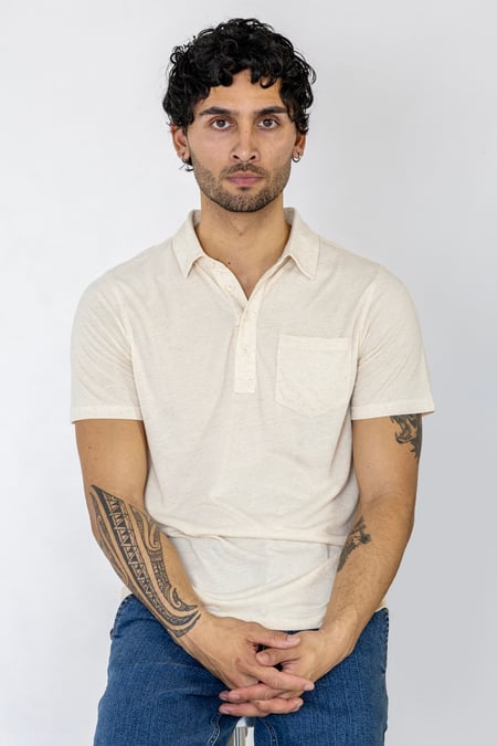 Beige Linen Blended Solid Short Sleeve Polo Shirt's